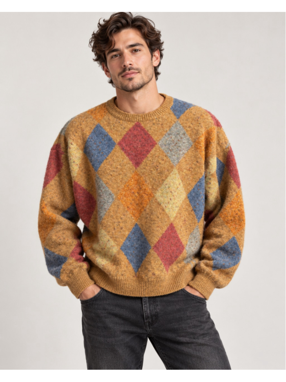 Perry Ellis Vintage Argyle Wool Blend Sweater Men’s Medium Multicolor Crewneck